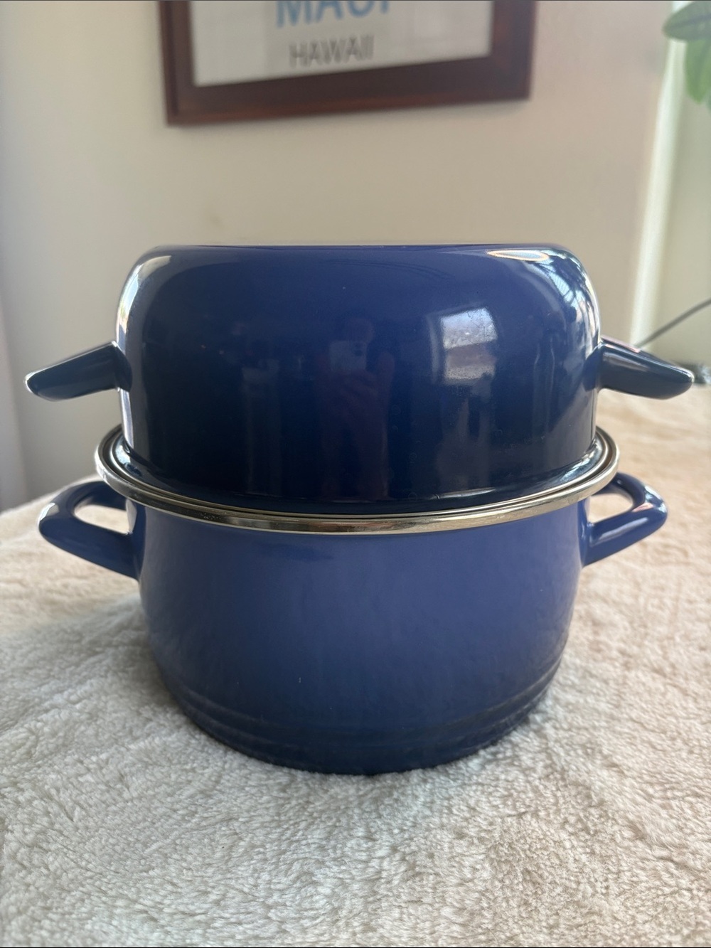 Le Creuset Mussle Pot, Enamel on steel pot.  Color Colbalt Blue